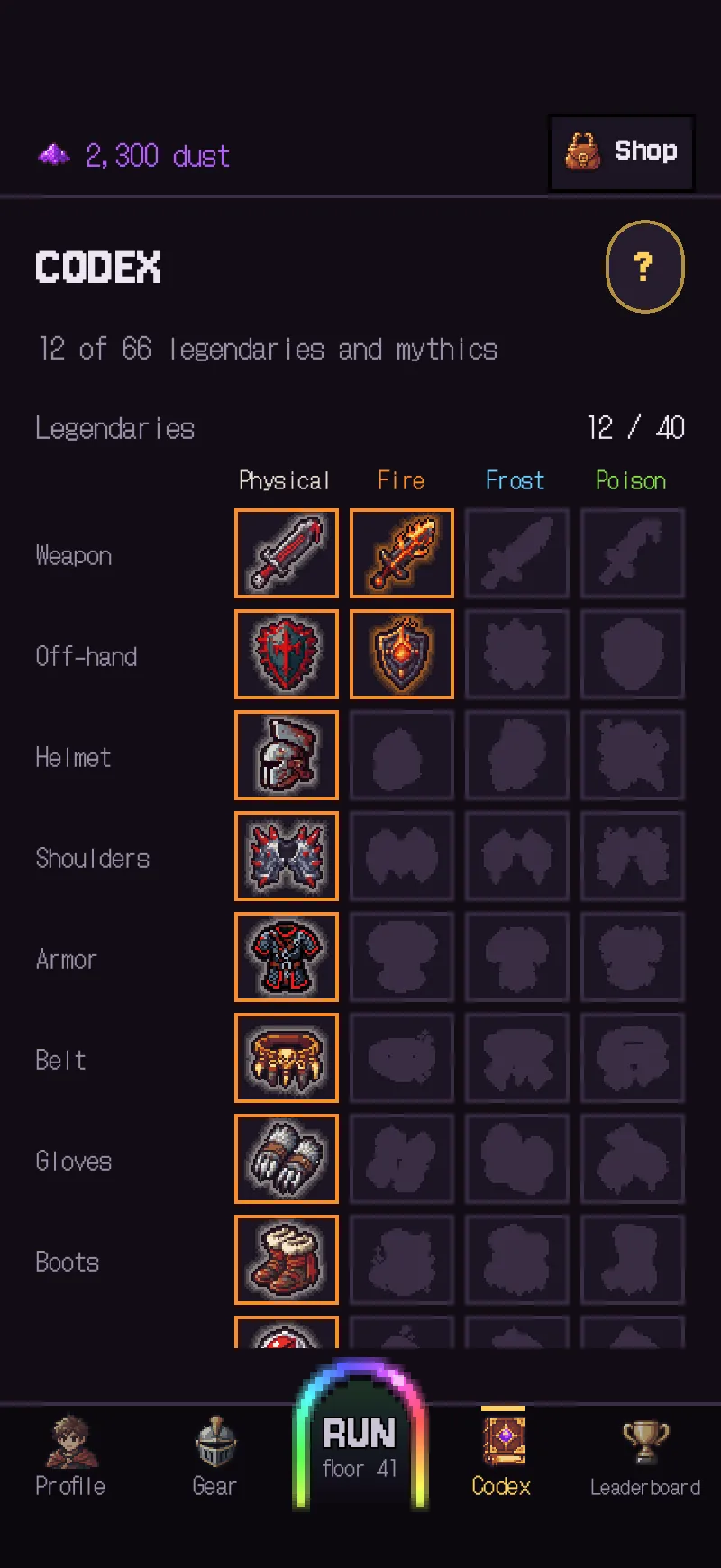 The codex: the legendaries for each slot and school, collected and still missing.