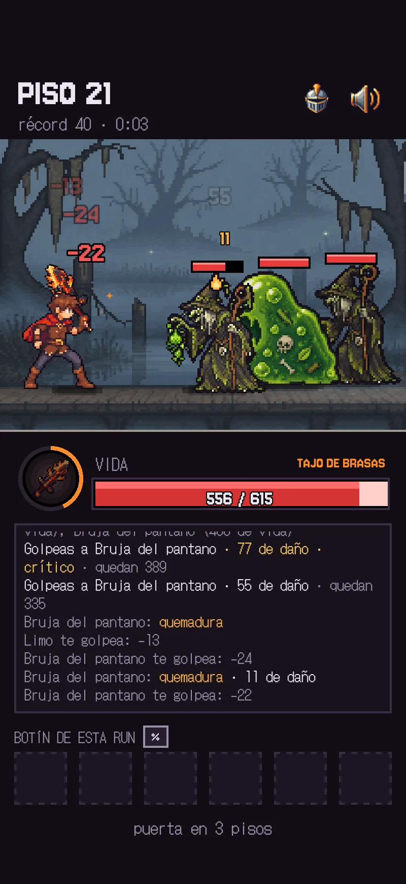 Piso 21: el héroe pelea contra dos brujas del pantano y un limo. Debajo, la vida, la habilidad del arma y el registro del combate.