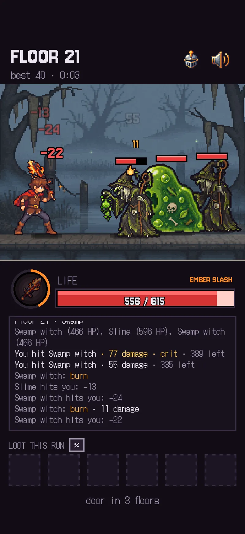 Floor 21: the hero fights two swamp witches and a slime. Below, the health bar, the weapon skill and the combat log.