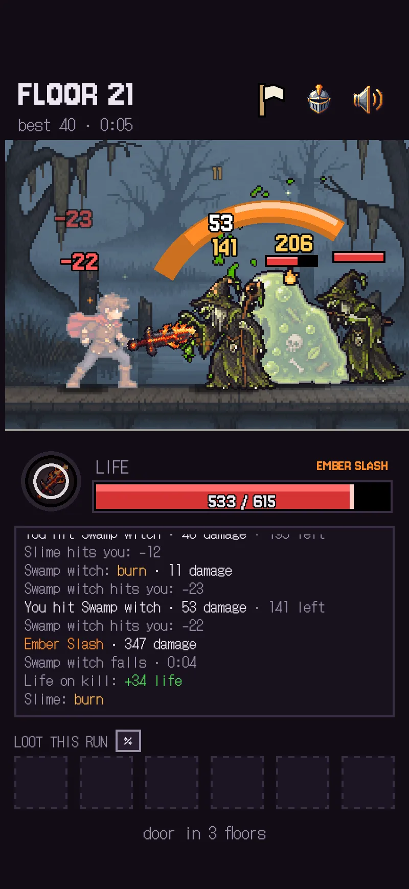 The sword fires its skill, “Ember Slash”: an arc of fire that hits several enemies at once.