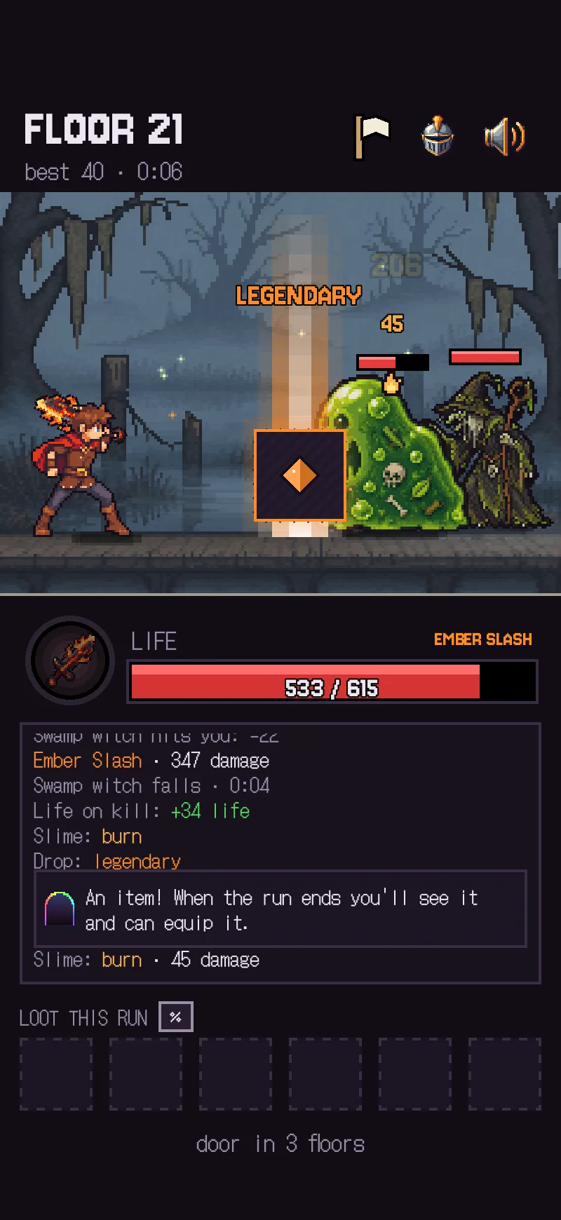An orange beam of light announces a legendary item in the middle of combat.