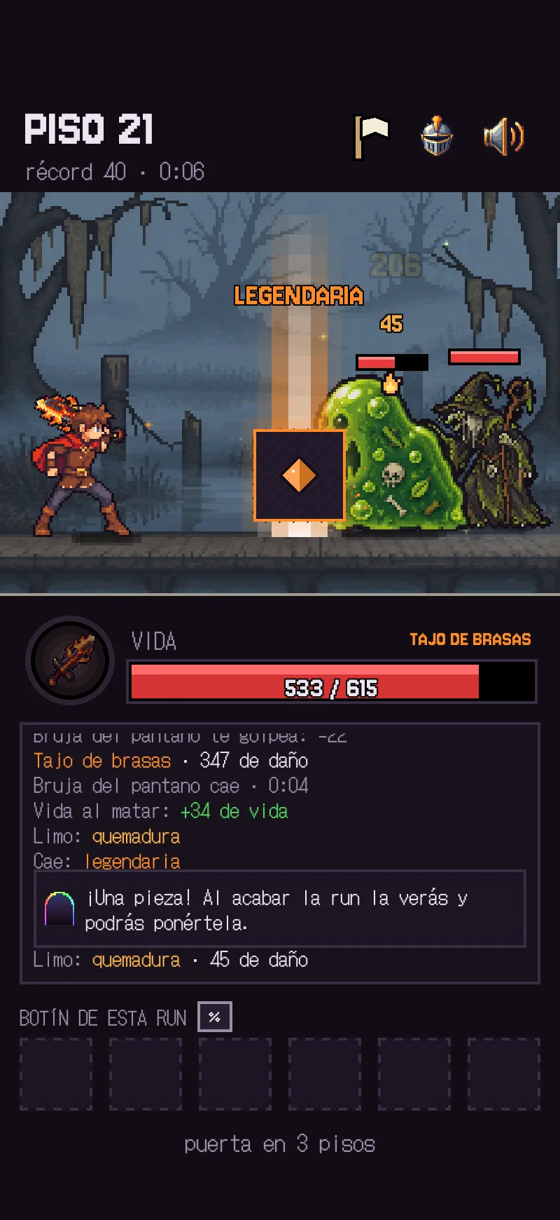 Un haz de luz naranja anuncia una pieza legendaria en mitad del combate.