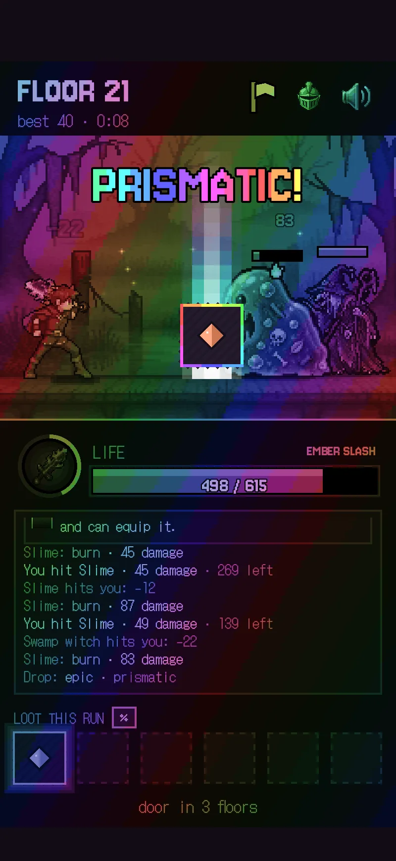 The whole screen turns rainbow and a “Prismatic!” banner appears over the combat.