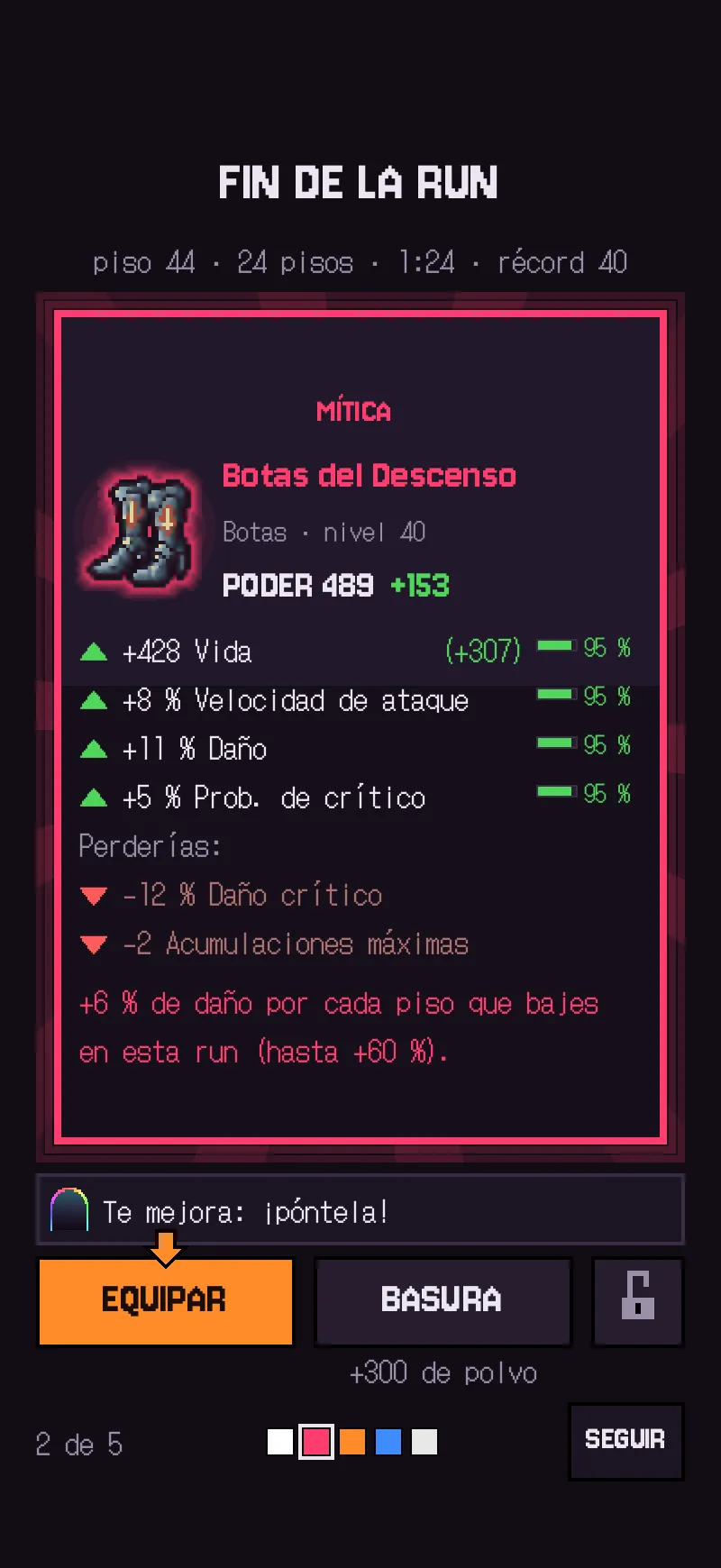 Carta de la pieza mítica «Botas del Descenso» con sus afijos y la comparación con lo que lleva el héroe.