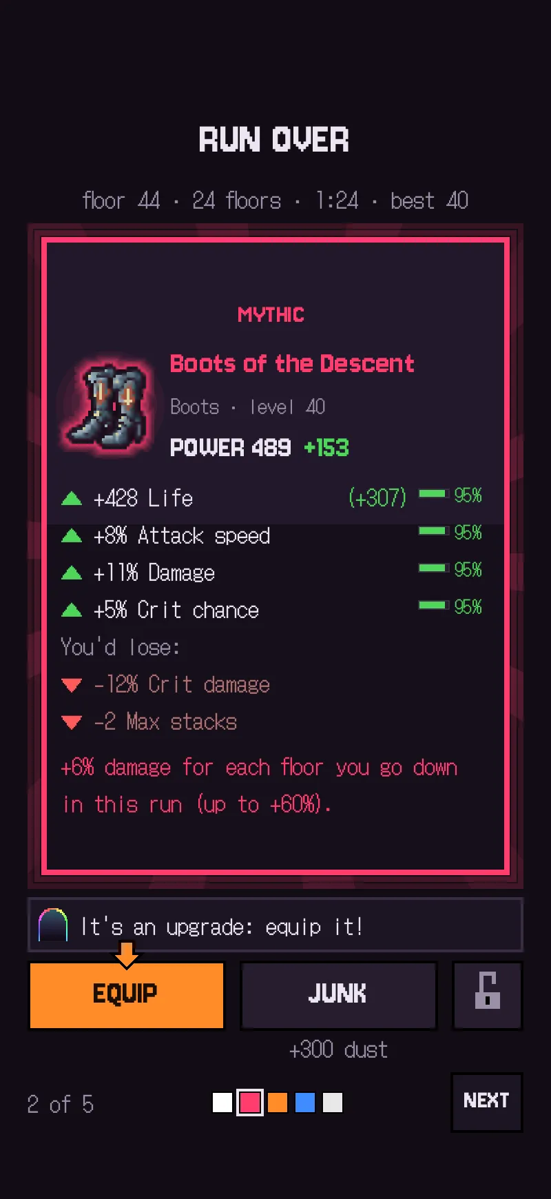 Card of the mythic item “Boots of the Descent” with its affixes and a comparison with what the hero wears.