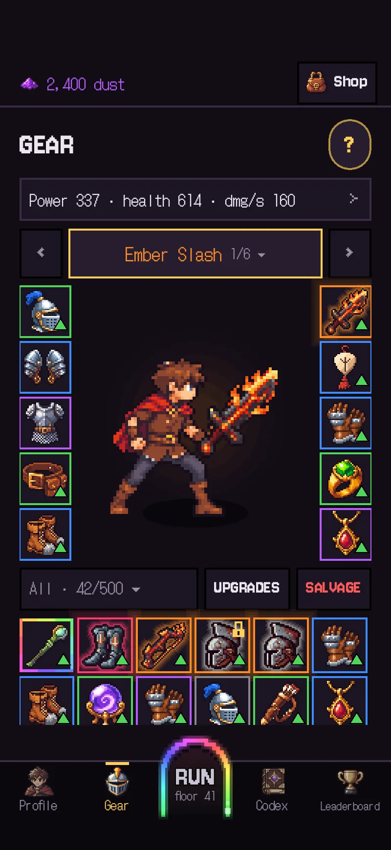 The hero with ten gear slots on both sides and, below, the rest of the items sorted.