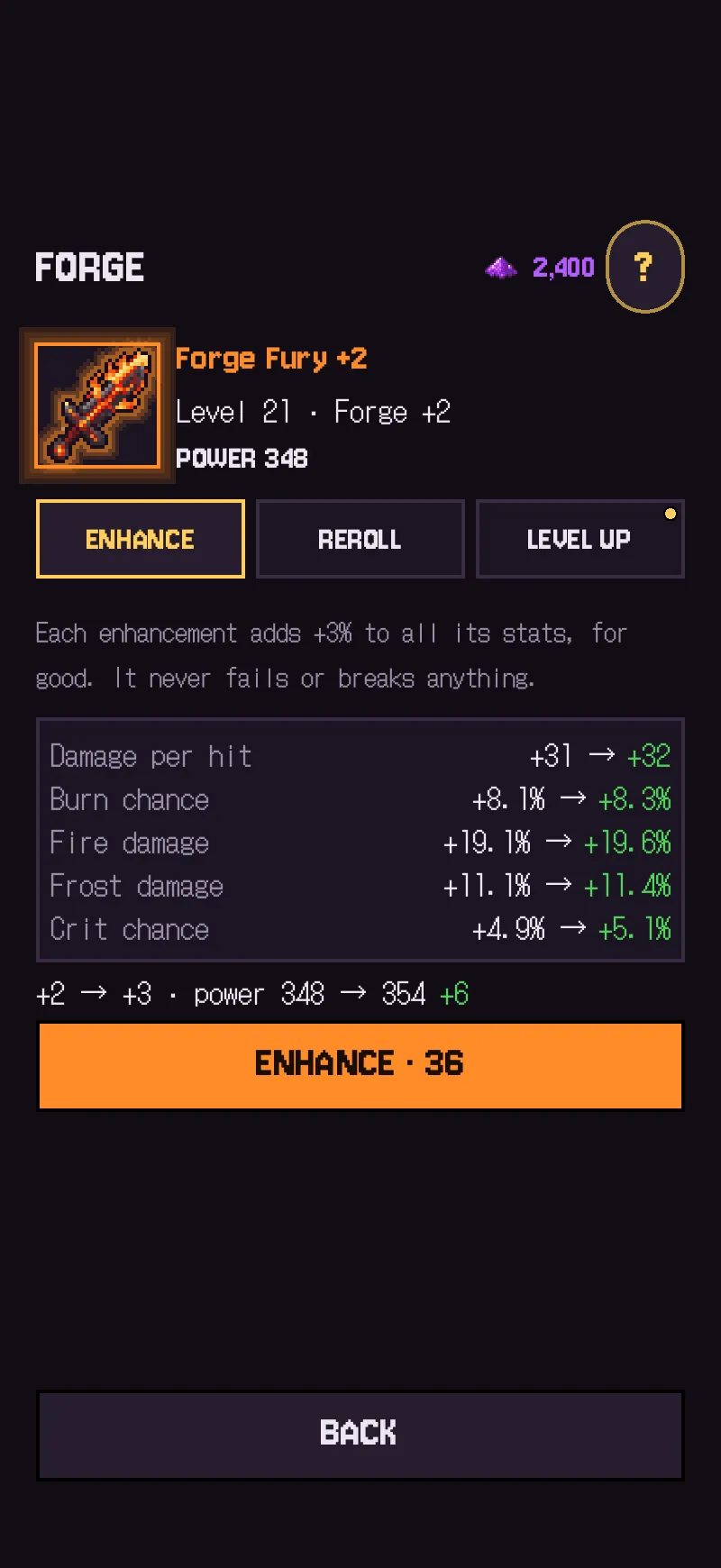 Forge screen: forge, reroll an affix or level up an item. Each forge adds 3% to all its stats.