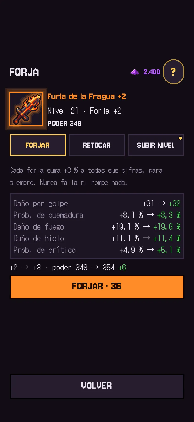 Pantalla de forja: forjar, retocar un afijo o subir de nivel una pieza. Cada forja suma un 3 % a todas sus cifras.